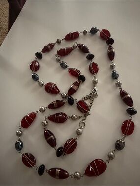 Handmade Red Bead Long Necklace with Silver Accents